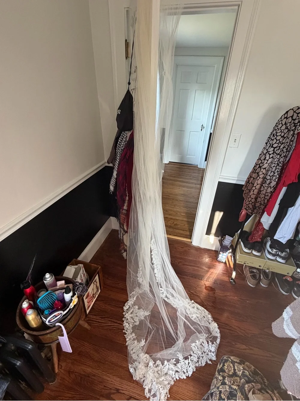 Elegant Lace-Edged White Bridal Veil with Cathedral Train